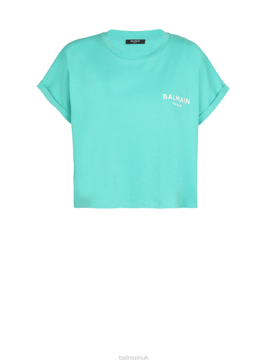 Clothing D0022170 Blue Balmain Women Eco-Responsible Cropped Cotton T-Shirt With Brand Logo Print