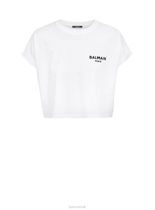 Clothing D0022171 White Balmain Women Cropped Eco-Designed Cotton T-Shirt With Small Flocked Brand Logo