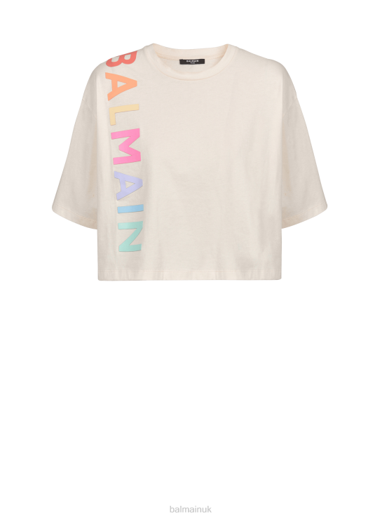 Clothing D0022172 Beige Balmain Women Cropped Cotton Brand Logo T-Shirt