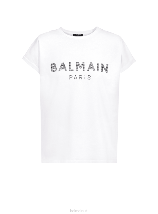 Clothing D0022180 White Balmain Women Eco-Designed Cotton T-Shirt With Rhinestone Logo