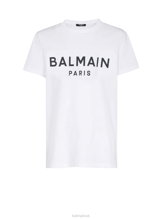Clothing D0022181 White Balmain Women Eco-Designed Cotton T-Shirt With Flocked Brand Logo