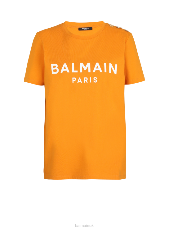 Clothing D0022182 Orange Balmain Women Eco-Responsible Cotton T-Shirt With Brand Logo Print