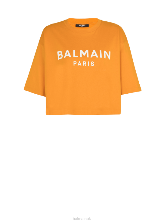 Clothing D0022183 Orange Balmain Women Eco-Responsible Cropped Cotton T-Shirt With Brand Logo Print