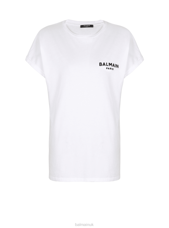 Clothing D0022187 White Balmain Women Eco-Designed Cotton T-Shirt With Small Flocked Brand Logo