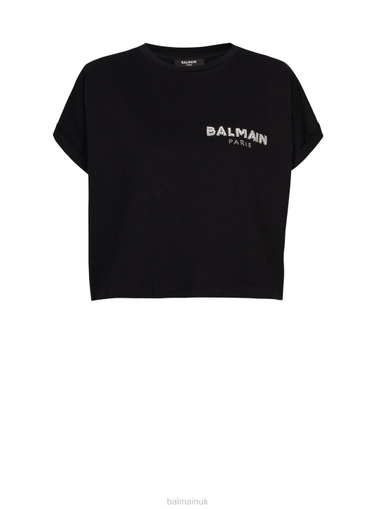 Clothing D0022189 Black Balmain Women Cropped Cotton T-Shirt With Small Embroidered Brand Logo