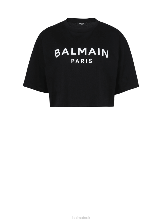 Clothing D0022190 Black Balmain Women Eco-Responsible Cropped Cotton T-Shirt With Brand Logo Print
