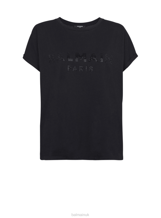 Clothing D0022197 Black Balmain Women Eco-Designed Cotton T-Shirt With Rhinestone Logo