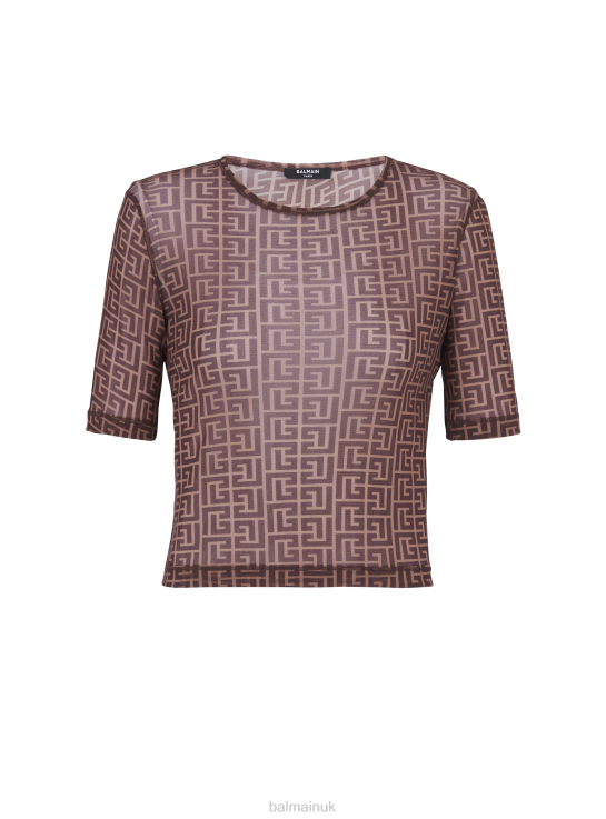 Clothing D0022213 Brown Balmain Women Monogrammed Cropped Tulle T-Shirt