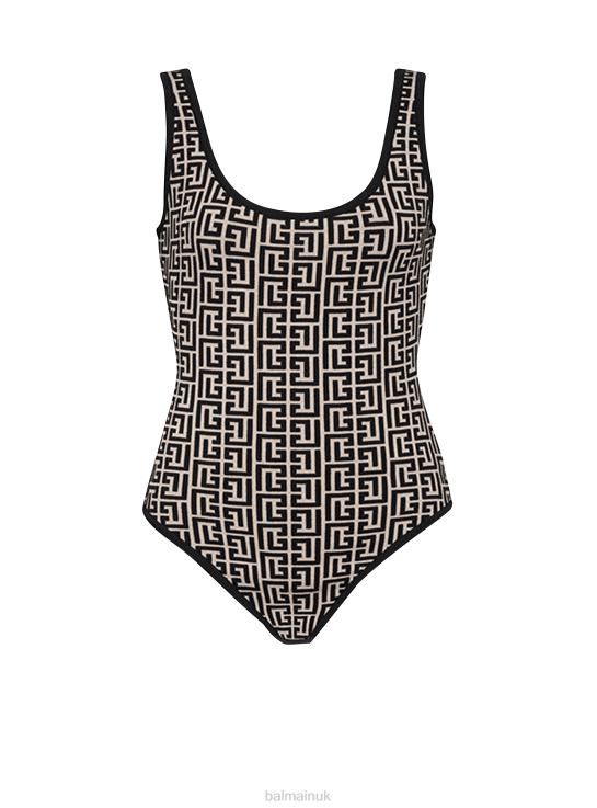 Clothing D0022246 Black Balmain Women Bicolor Jacquard Bodysuit With Brand Monogram