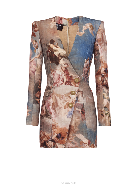 Clothing D002211 Multicolor Balmain Women Sky Printed Monogrammed Jacquard Wrap Dress
