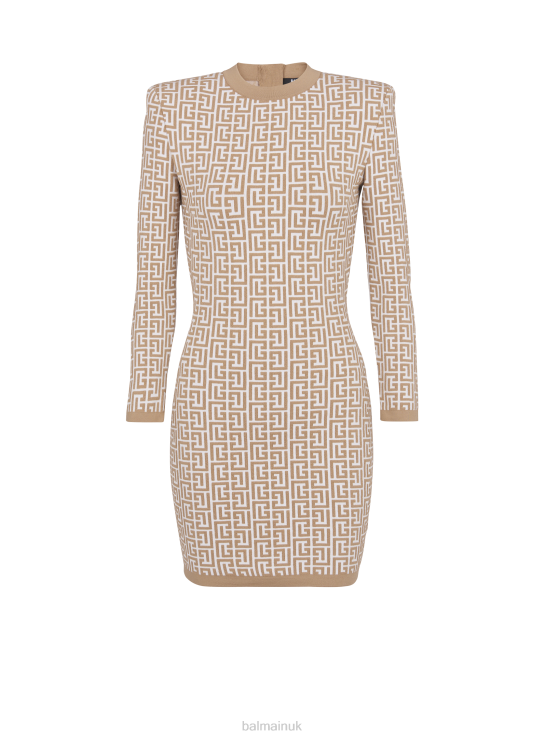 Clothing D002214 Beige Balmain Women Short Monogrammed Knitted Dress