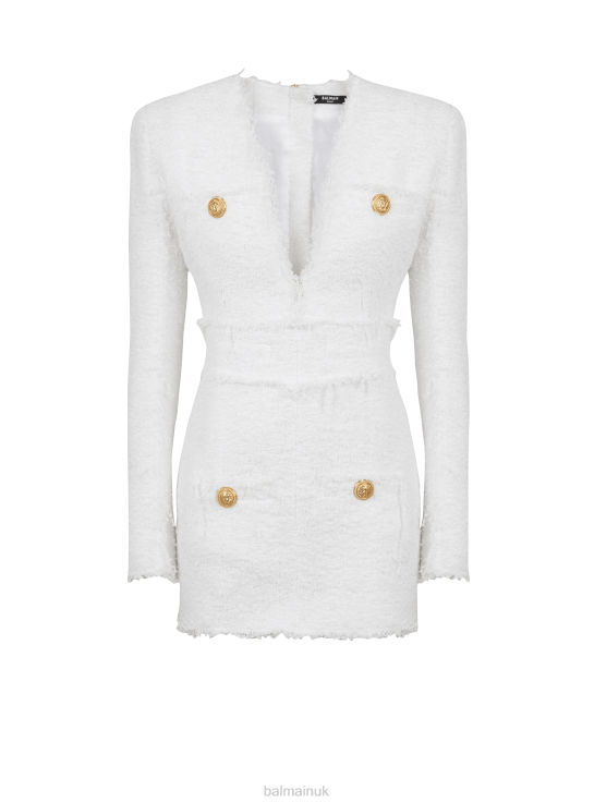 Clothing D002215 White Balmain Women Short Tweed Dress With Gold-Tone Buttons
