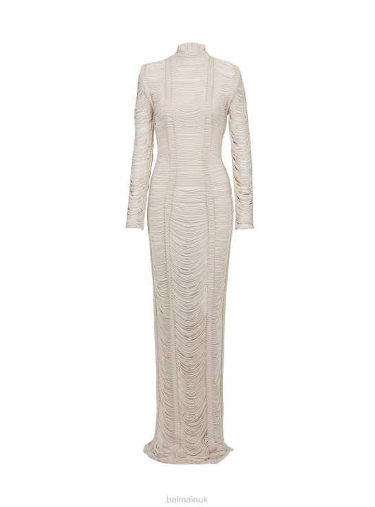 Clothing D002216 Beige Balmain Women Openwork Macrame Maxi Dress
