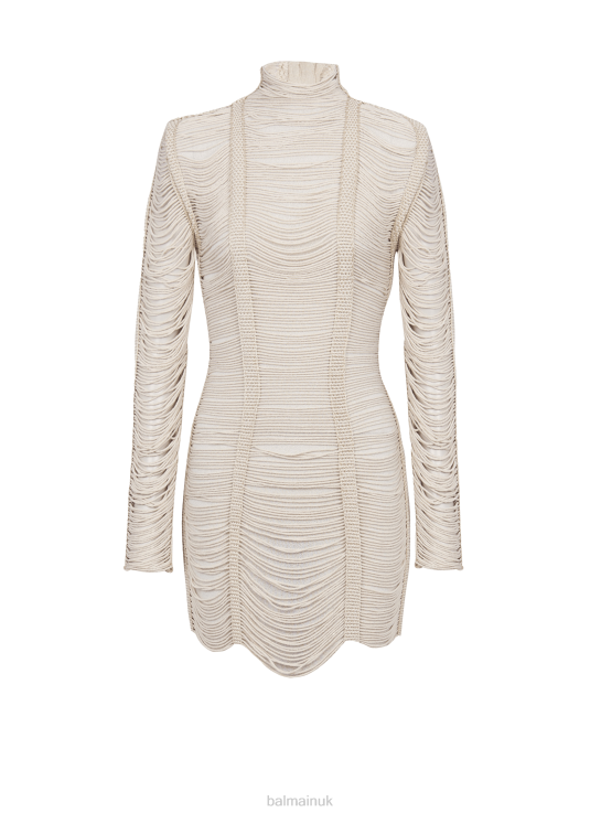 Clothing D002217 Beige Balmain Women Short Openwork Macrame Dress