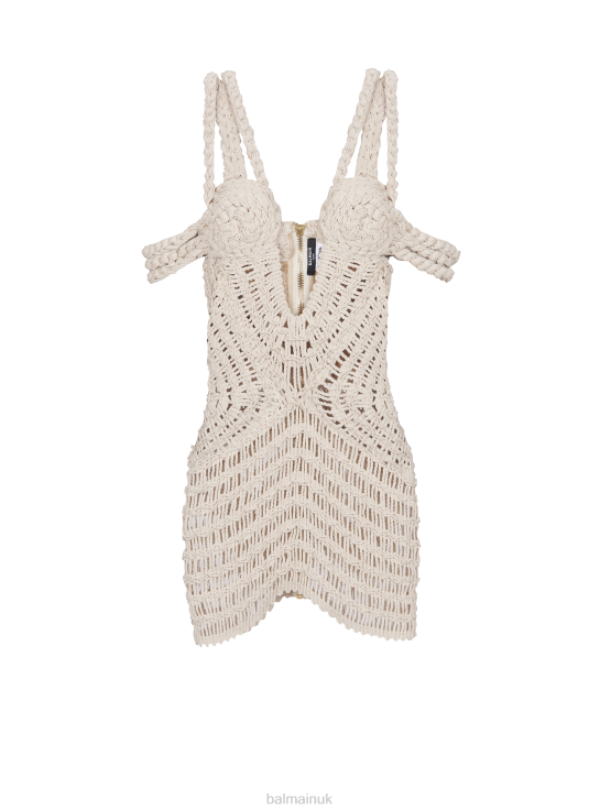 Clothing D002218 Beige Balmain Women Short Openwork Macrame Dress