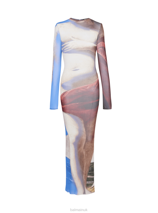 Clothing D00221 Multicolor Balmain Women Trompe-L'Oeil Printed Tulle Maxi Dress