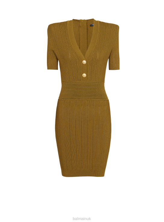 Clothing D002220 Khaki Balmain Women Ribbed Knit Bodycon Dress