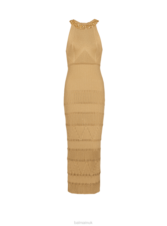 Clothing D002221 Brown Balmain Women Embroidered Knit Midi Dress