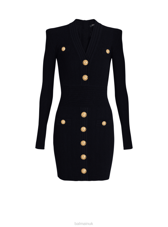 Clothing D002224 Black Balmain Women Short Eco-Designed Knit Dress With Gold-Tone Buttons