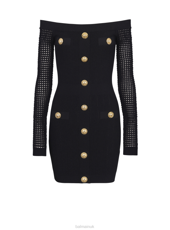 Clothing D002226 Black Balmain Women Off-The-Shoulder Mesh Knit Dress