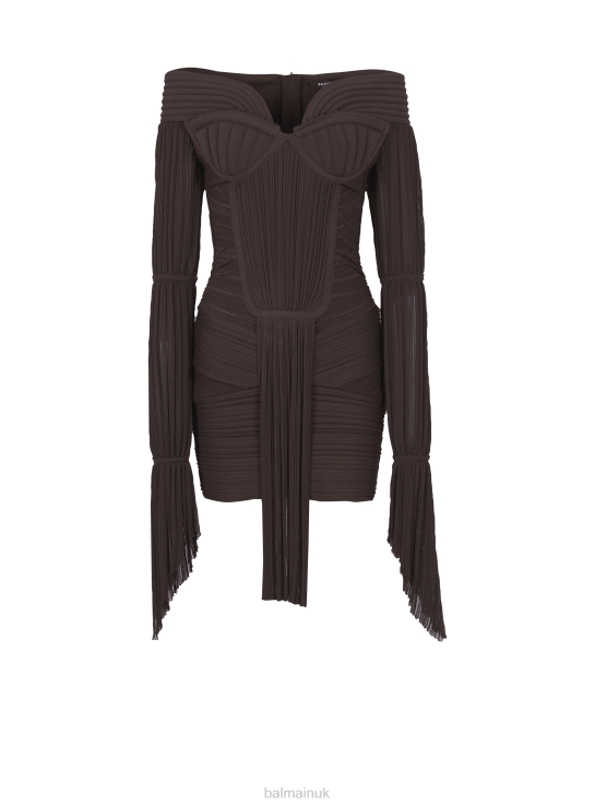 Clothing D002228 Brown Balmain Women Short Draped Pleated Knit Dress