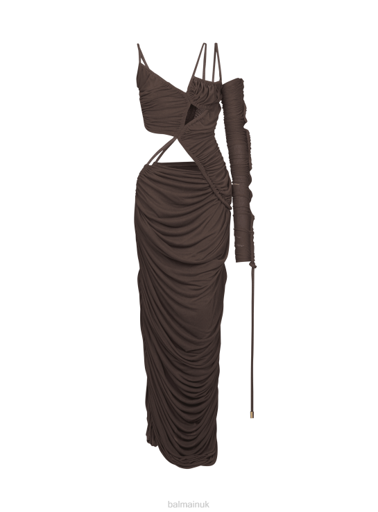 Clothing D002229 Brown Balmain Women Asymmetric Draped Jersey Maxi Dress