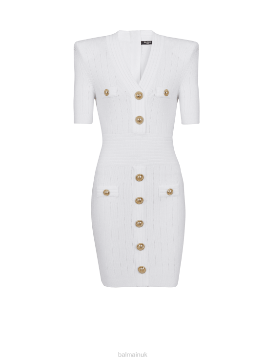 Clothing D00222 White Balmain Women Knitted Dress With Buttons