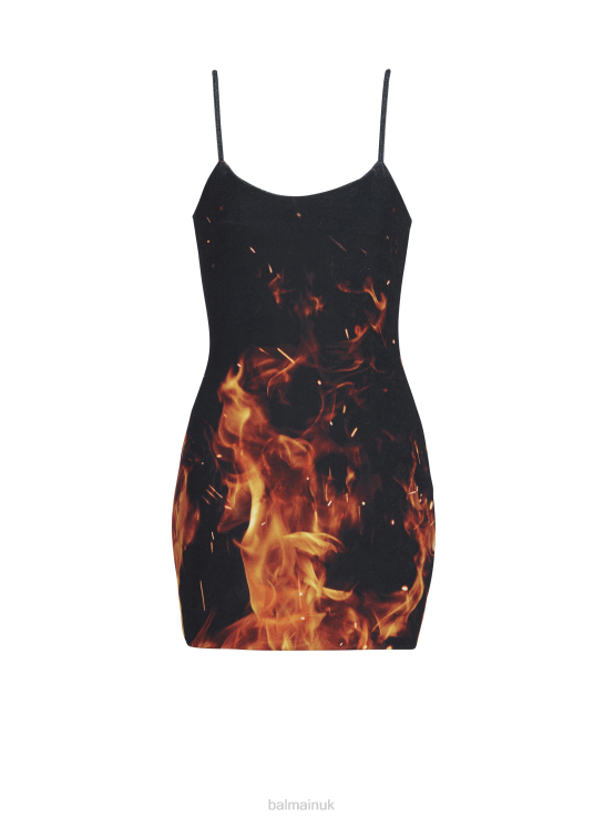 Clothing D002230 Orange Balmain Women Short Fire Printed Velvet Jersey Dress