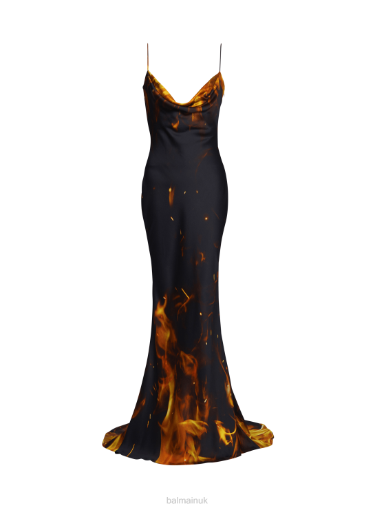 Clothing D002231 Orange Balmain Women Fire Printed Satin Maxi Dress