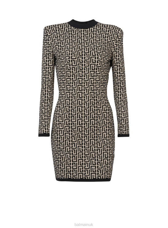 Clothing D002233 Black Balmain Women Short Bicolor Jacquard Dress With Brand Monogram