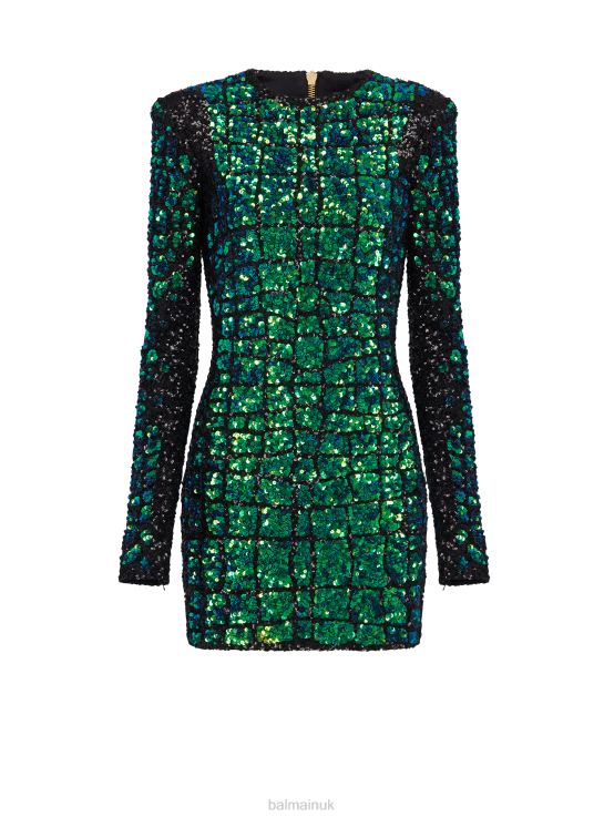 Clothing D002236 Green Balmain Women Iridescent Crocodile Effect Embroidered Dress