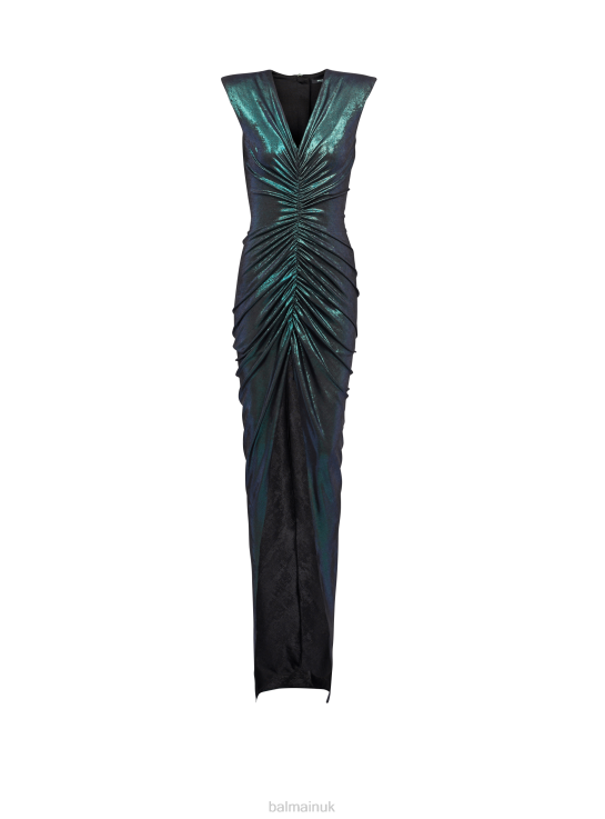 Clothing D002237 Blue Balmain Women Draped Dress In Iridescent Jersey