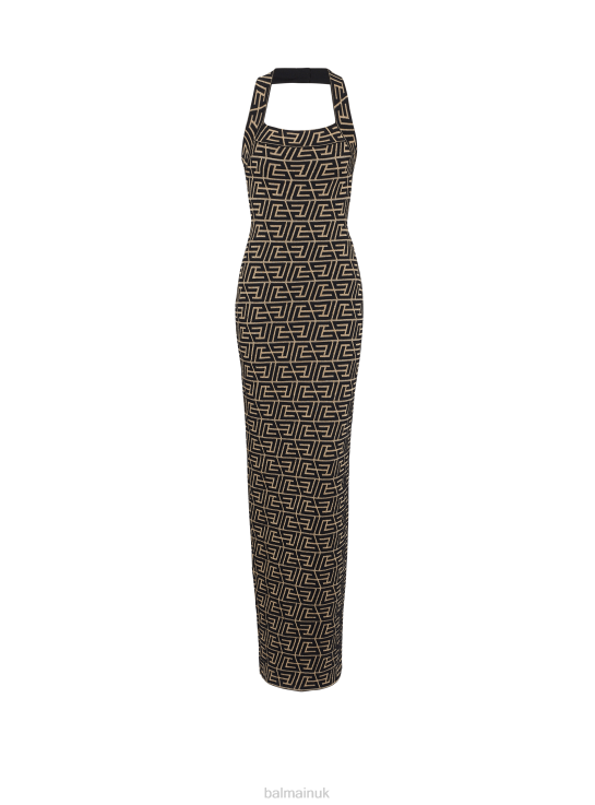 Clothing D002239 Gold Balmain Women Monogrammed Backless Knit Dress