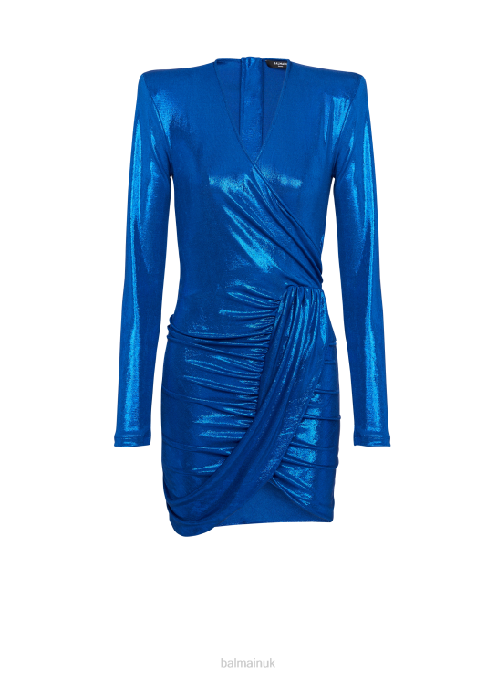 Clothing D002240 Blue Balmain Women Draped Jersey Lame Dress