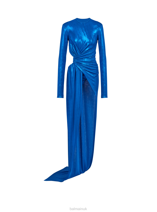 Clothing D002241 Blue Balmain Women Draped Jersey Lame Dress