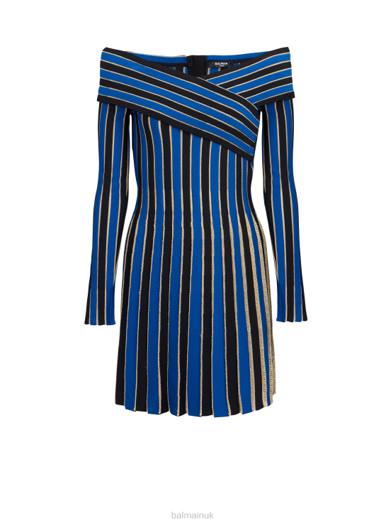 Clothing D002242 Blue Balmain Women Metallic Striped Knit Dress