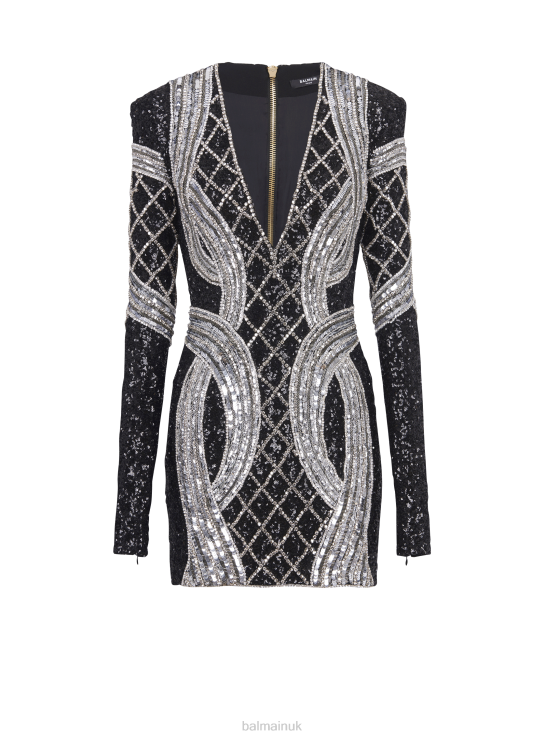 Clothing D002248 Black Balmain Women Short Silver Embroidered Dress