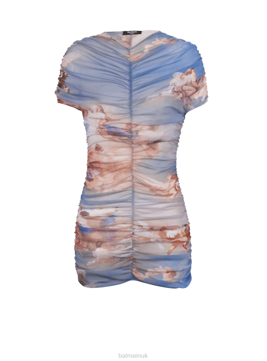 Clothing D00224 Multicolor Balmain Women Sky Printed Gathered Tulle Dress