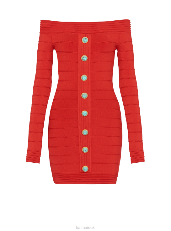 Clothing D002250 Red Balmain Women Off-The-Shoulder Knit Dress