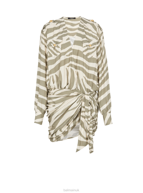 Clothing D002252 Khaki Balmain Women Draped Zebra Print Dress
