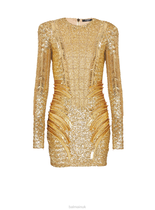 Clothing D002254 Gold Balmain Women Embroidered Dress
