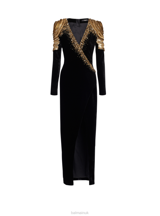 Clothing D002256 Black Balmain Women Embroidered Velvet Long Dress