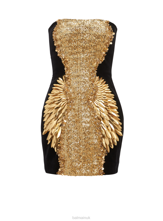 Clothing D002257 Gold Balmain Women Embroidered Velvet Strapless Dress