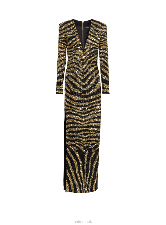 Clothing D002258 Gold Balmain Women Embroidered Zebra Long Dress