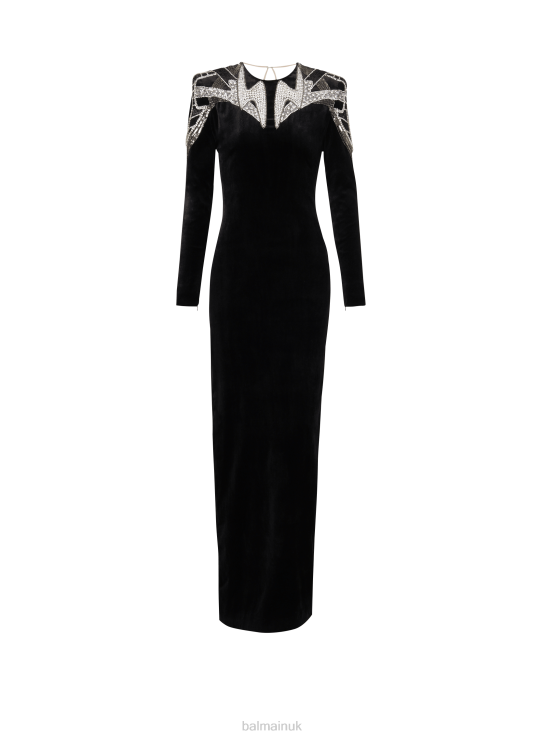 Clothing D002259 Black Balmain Women Embroidered Velvet Dress