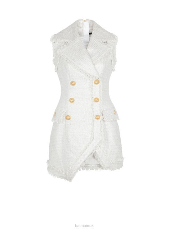 Clothing D002260 Silver Balmain Women 6-Button Asymmetric Tweed Dress