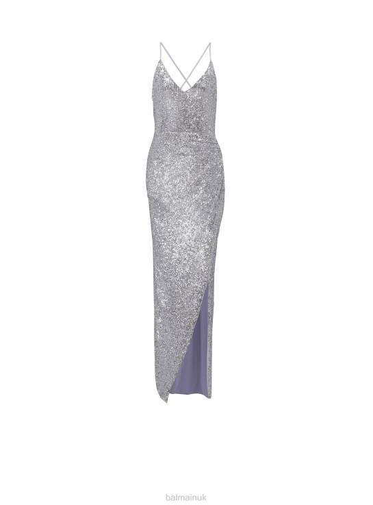 Clothing D002262 Silver Balmain Women Long Sequinned Dress