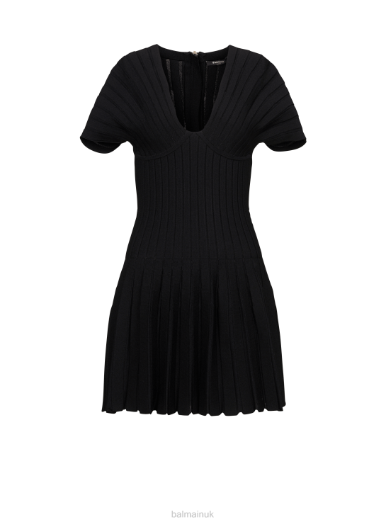 Clothing D002267 Black Balmain Women Short Pleated Knit Dress