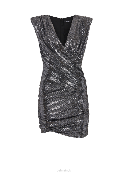 Clothing D002269 Silver Balmain Women Short Draped Jersey Dress With Sequins