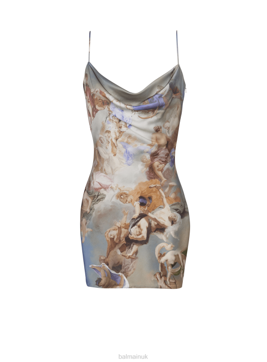 Clothing D00226 Multicolor Balmain Women Sky Printed Satin Babydoll Dress